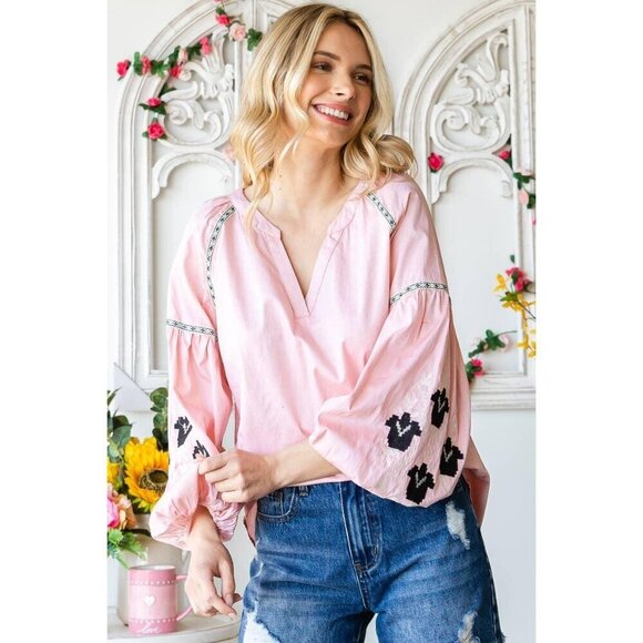 Band Collar Embroidered Puff Sleeve Peasant Blouse - Picture 4 of 11